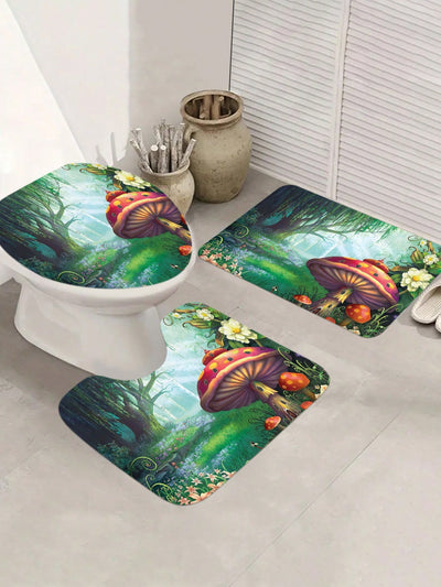 Mushroom Magic Bathroom Set: Printed Bath Curtain, Floor Mat, 12 Hooks - Non-Slip & Waterproof Home Decor Accessory