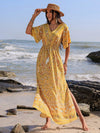 Boho Chic Floral Print Trumpet Sleeve Dress with Split Thigh and Tassel Drawstring Waist