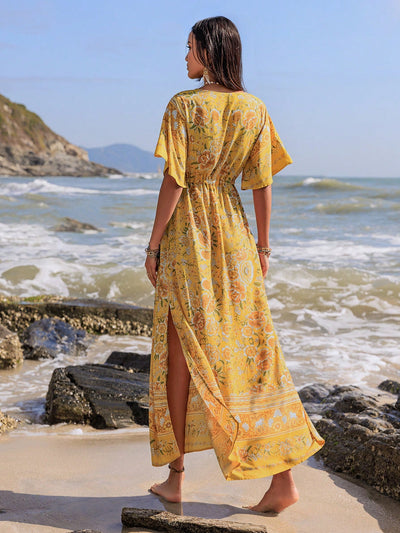 Boho Beauty: Floral Print Sleeve Dress with Split Thigh and Tassel Drawstring Waist