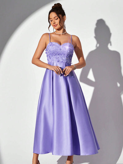 Enchanting Lavender Spaghetti Strap Evening Gown with Glittering Floral Accents