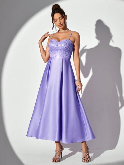 Enchanting Lavender Spaghetti Strap Evening Gown with Glittering Floral Accents