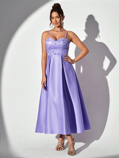 Enchanting Lavender Spaghetti Strap Evening Gown with Glittering Floral Accents