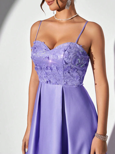 Enchanting Lavender Spaghetti Strap Evening Gown with Glittering Floral Accents