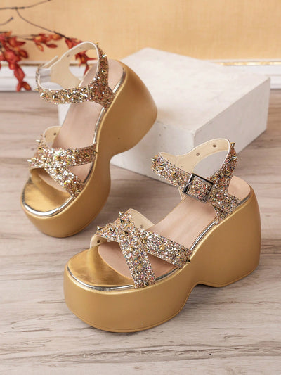 Starry Night Chunky Heel Sandals: Silver Glitter Rivet Cross-Strap Fashion Statement