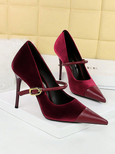 Chic Metallic Buckle Suede Party High Heels with Pointed Toe & Single Strap