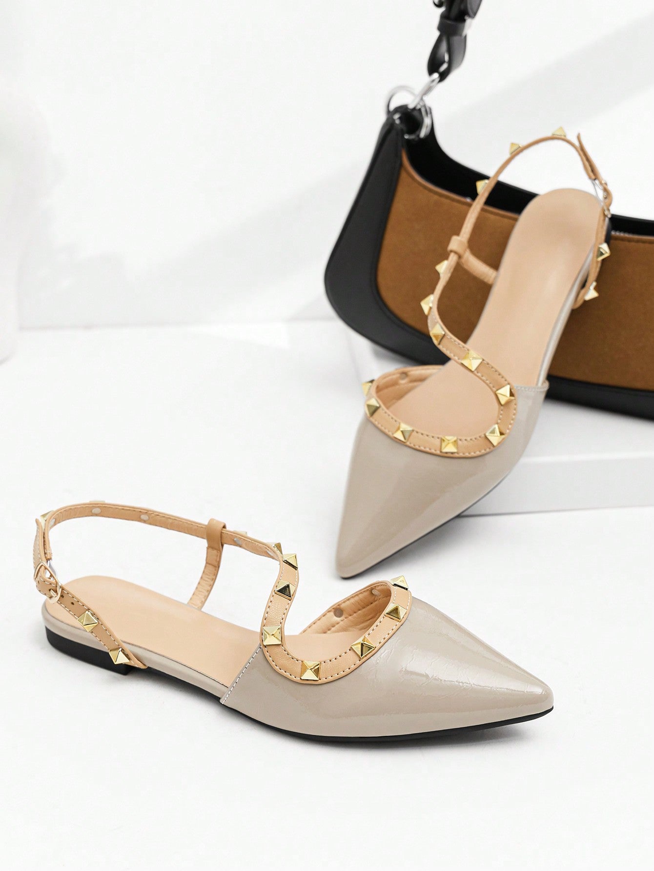 Chic Pointed-Toe Patent Leather Flat Sandals with Rivet Detailing and ...
