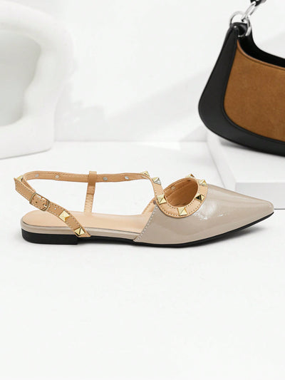 Chic Pointed-Toe Patent Leather Flat Sandals with Rivet Detailing and Buckle Strap