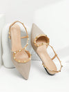 Chic Pointed-Toe Patent Leather Flat Sandals with Rivet Detailing and Buckle Strap