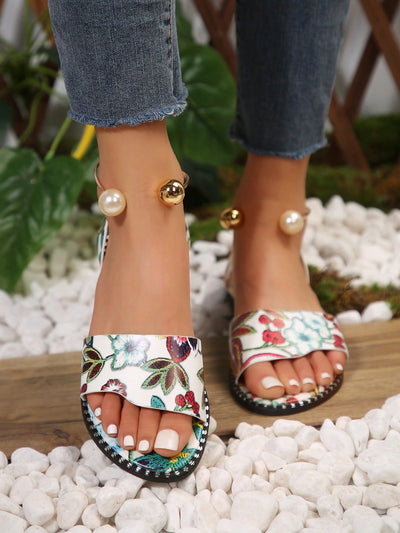 Summer Blossom: Floral Flat Sandals with Metal Buckle and Pearl Decoration for Women