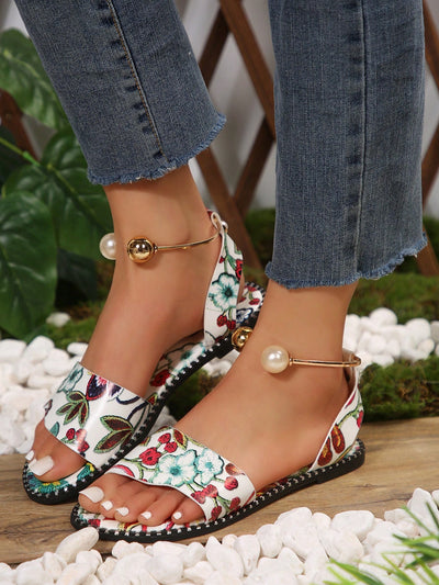 Summer Blossom: Floral Flat Sandals with Metal Buckle and Pearl Decoration for Women