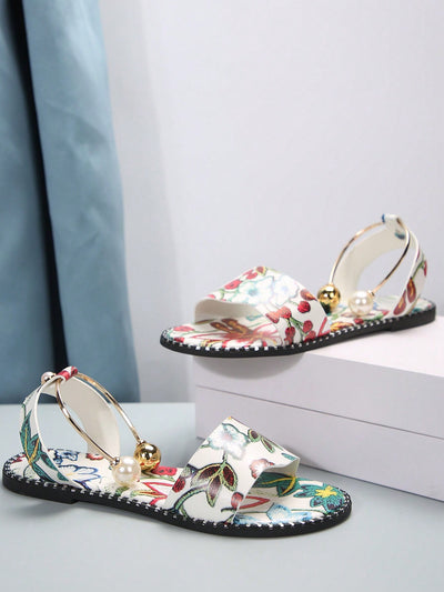 Summer Blossom: Floral Flat Sandals with Metal Buckle and Pearl Decoration for Women