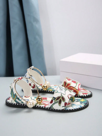 Summer Blossom: Floral Flat Sandals with Metal Buckle and Pearl Decoration for Women