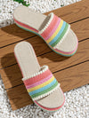 Chic and Colorful Grid Patterned Sandals with Fuzzy Ball Detail and Ankle Strap