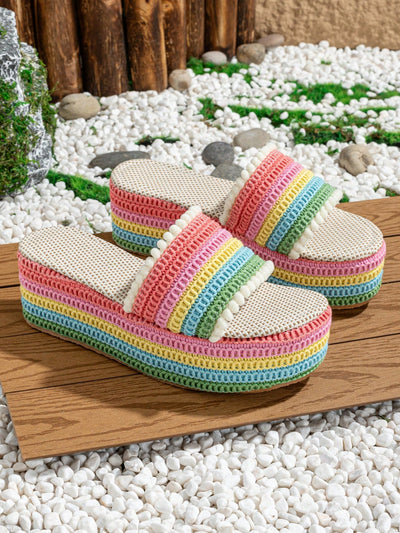 Chic and Colorful Grid Patterned Sandals with Fuzzy Ball Detail and Ankle Strap