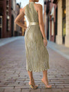 Elegant Pleated Waist Belt Dress with Halter Neck - Perfect for Any Occasion