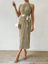 Elegant Solid Color Pleated Waist Belt Halter Neck Dress - Perfect for Any Occasion