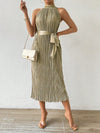 Elegant Solid Color Pleated Waist Belt Halter Neck Dress - Perfect for Any Occasion