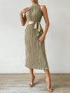 Elegant Solid Color Pleated Waist Belt Halter Neck Dress - Perfect for Any Occasion