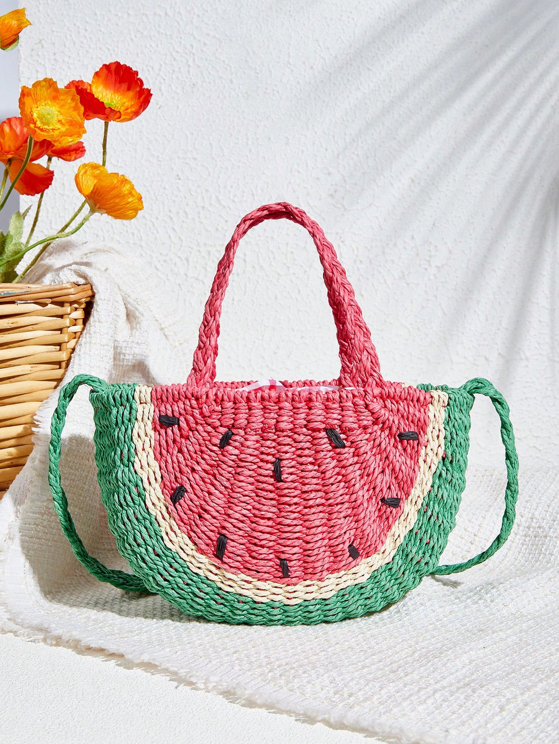 Be one step ahead in fashion with our Trendy Watermelon Vibes Woven Handbag. Made with a stylish woven design and a convenient shoulder strap, this bag provides both functionality and fashion. Perfect for everyday use or special occasions. Upgrade your style with trendy watermelon vibes.