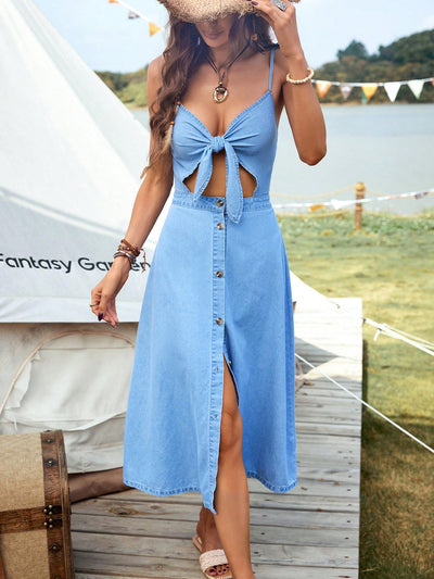 Chic Denim A-Line Spaghetti Strap Dress – Perfect for Spring & Summer Vibes