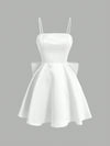 Chic Elegance: Solid Color Spaghetti Strap Dress with Back Bowknot Detail