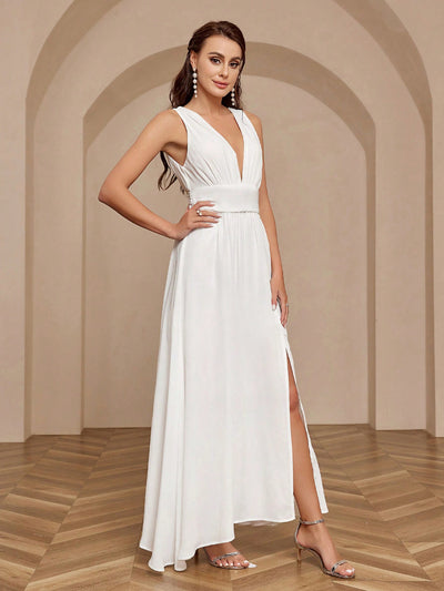 Graceful Elegance: Women's Solid Color Deep V-Neck High Split Dress