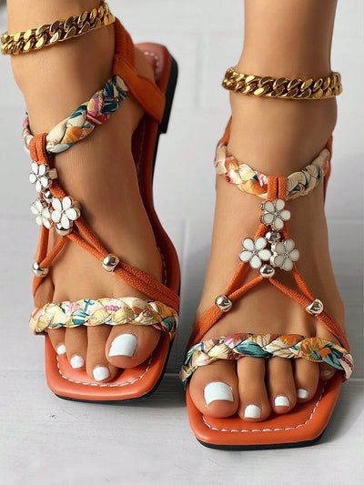 Vacation-Ready Beaded Flat Sandals: Stylish Solid Color for Women and Students