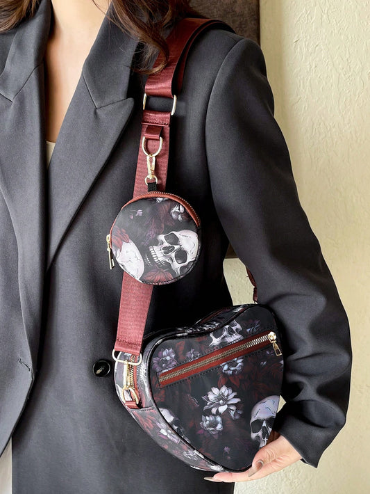 Punked Up Heart: Gothic Style Crossbody Bag with Skull Flower Print