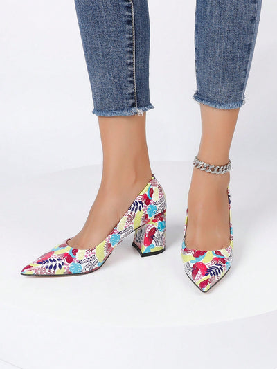 Vibrant Pointed-Toe High Heels with Chunky Heel - Euramerican Style