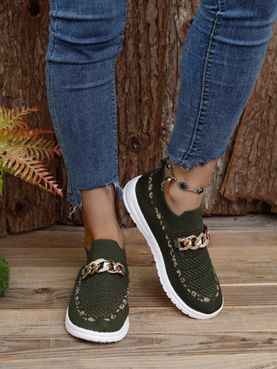 Green Goddess: Casual Sports Shoes with Gold Decoration