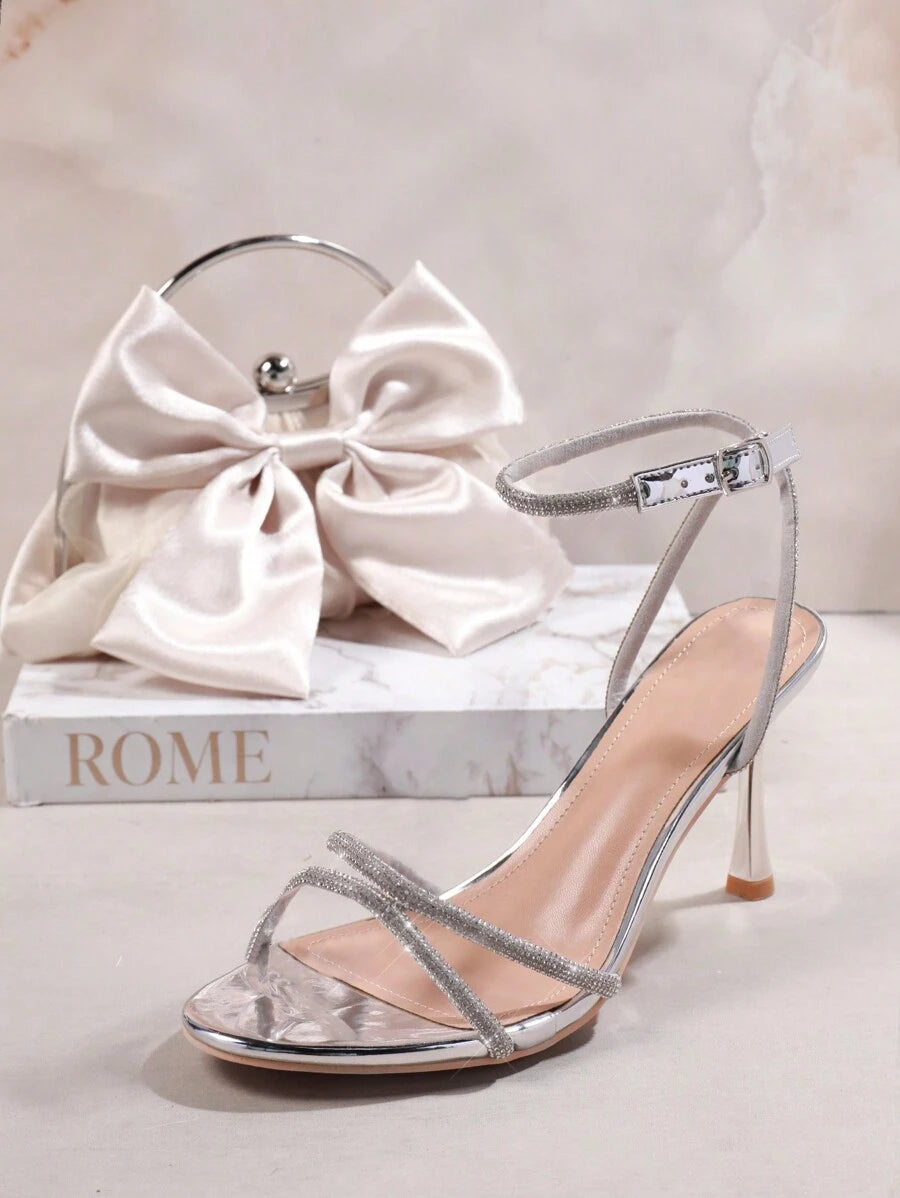 Silver rhinestone strappy heeled sandals with ankle buckle image 2