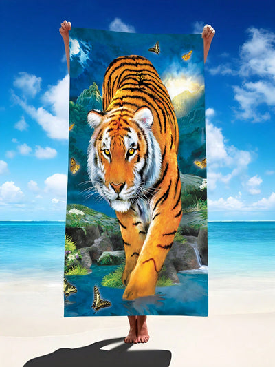 Wild Style: Tiger Print Oversized Microfiber Beach Blanket - Perfect for Travel, Swimming, Yoga, and More!