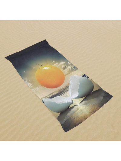 Summer Fun Essentials: Cartoon Sun Egg Yolk Patterned Microfiber Beach Towel with Sunscreen Protection