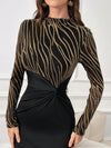 Elegant Zebra Striped Bodycon Dress with Foil Printing – Chic Long Sleeve Evening Gown