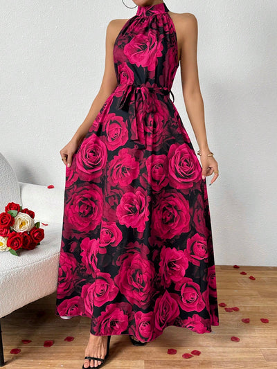 Summer Bloom: Women's Large Rose Print Halter Sleeveless Long Dress