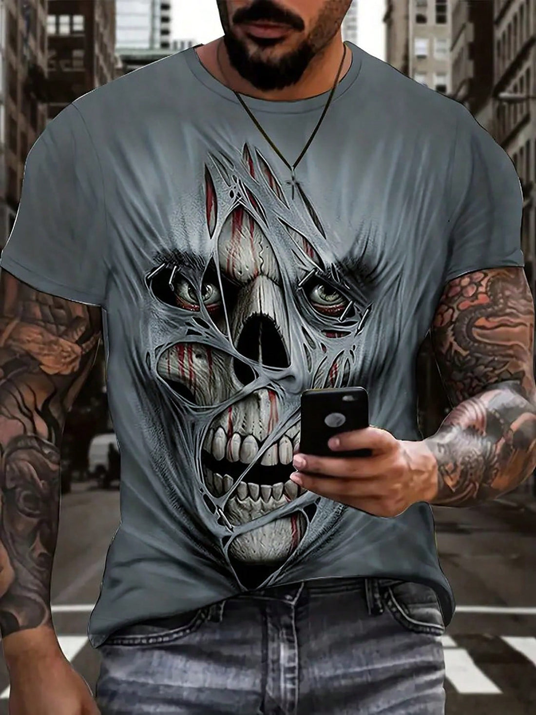 This men's round neck t-shirt, featuring an edgy skull print, will add a stylish touch to your wardrobe. Made with quality material, it provides both comfort and durability. Perfect for those who want to rock their style with confidence.