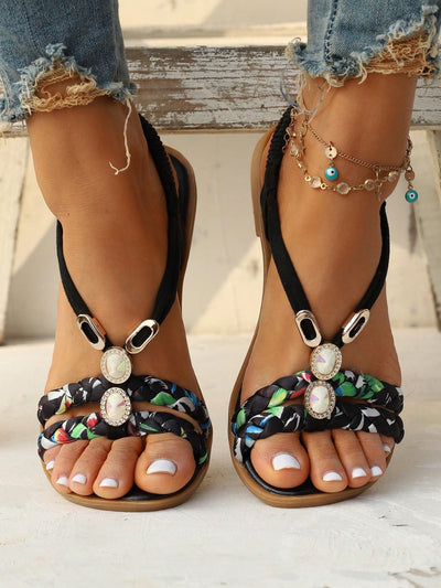 Vacation-Ready Beaded Flat Sandals: Stylish Solid Color for Women and Students