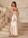 Pleated Perfection: Solid Color Halter Neck Dress with Side Slit