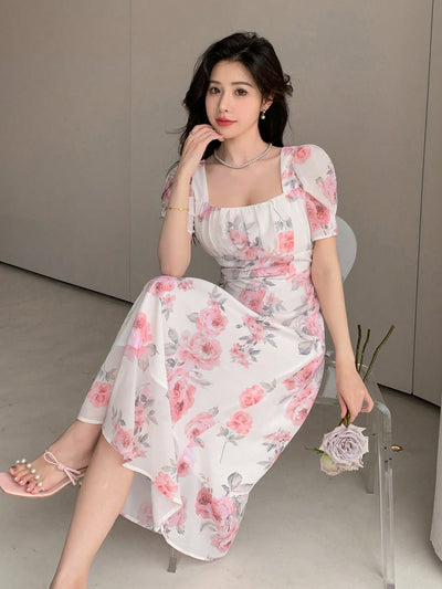 Nice Dreams: Summer Floral Printed Square Neck Short Sleeve Dress