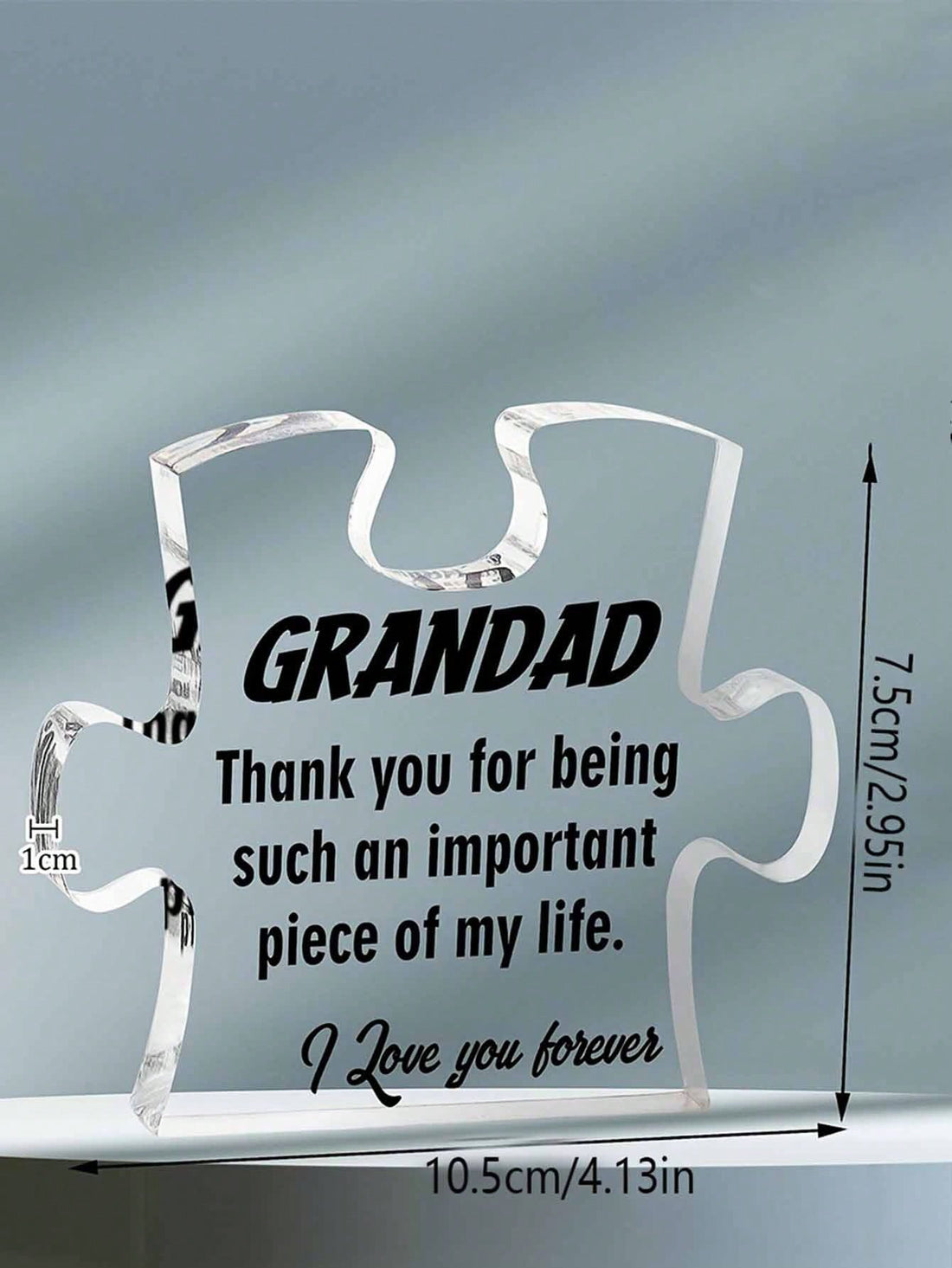 Surprise Grandpa with a heartfelt gift! Our personalized acrylic puzzle plaque features a heartfelt message from his grandchild, making it a unique and meaningful gift. The puzzle piece design represents the special bond between a grandparent and grandchild. Show Grandpa your love with this personalized plaque.