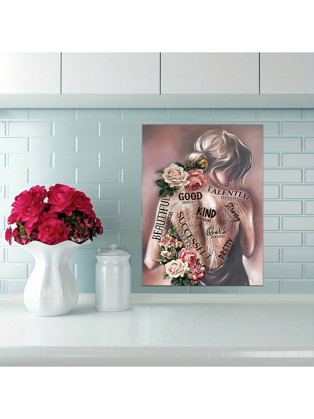 Enhance your space with this inspiring Empowering Tattoo Girl Canvas. With a vintage hippie design, this wall art print features an empowering message - "I Am Beautiful, Kind &amp; Smart". Perfect for any room, let this canvas motivate and uplift you.