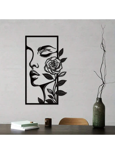 Floral Beauty: Aesthetic Metal Wall Decor featuring Portrait of a Woman and Flower Outline