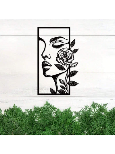 Floral Beauty: Aesthetic Metal Wall Decor featuring Portrait of a Woman and Flower Outline