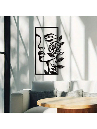 Floral Beauty: Aesthetic Metal Wall Decor featuring Portrait of a Woman and Flower Outline