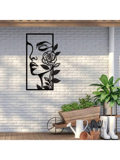 Floral Beauty: Aesthetic Metal Wall Decor featuring Portrait of a Woman and Flower Outline