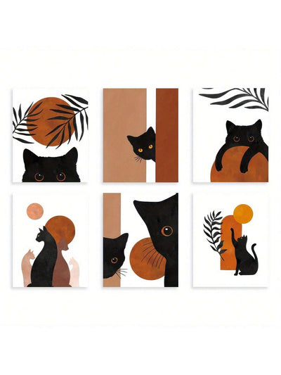 Mystical Meow: 6-Piece Boho Black Cat Canvas Wall Art Set for Every Room in Your Home