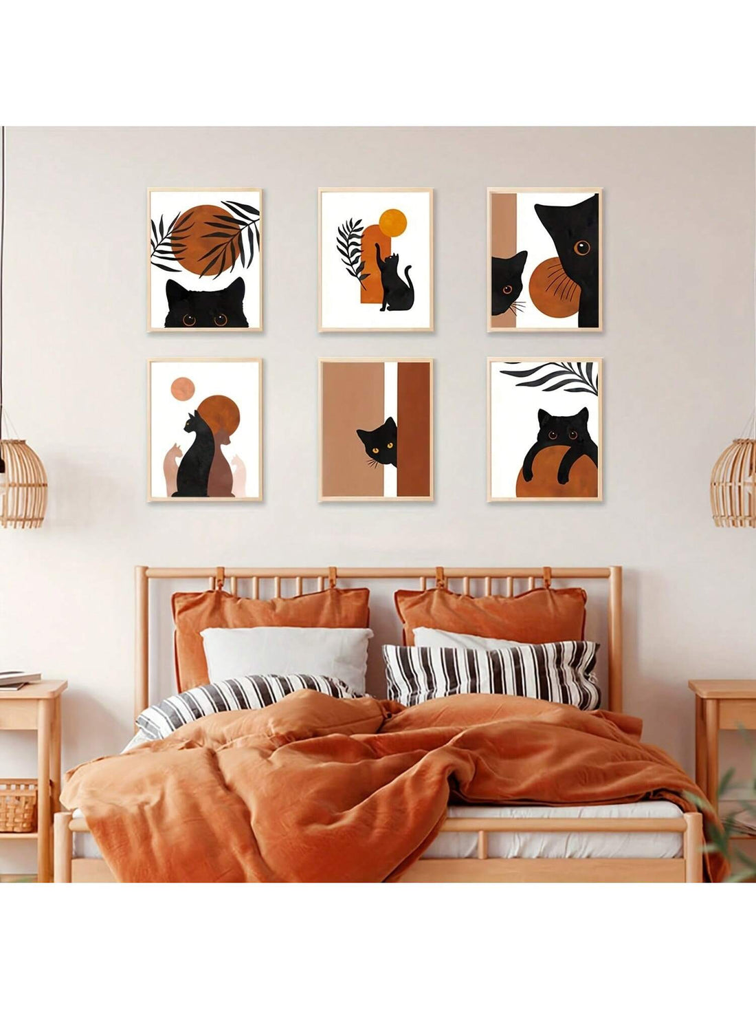 Elevate any room with our Mystical Meow 6-piece canvas wall art set. Featuring boho-inspired black cats, this set adds a touch of whimsy to your home decor. Hang them together for a complete look or scatter them throughout your home for a cohesive theme.