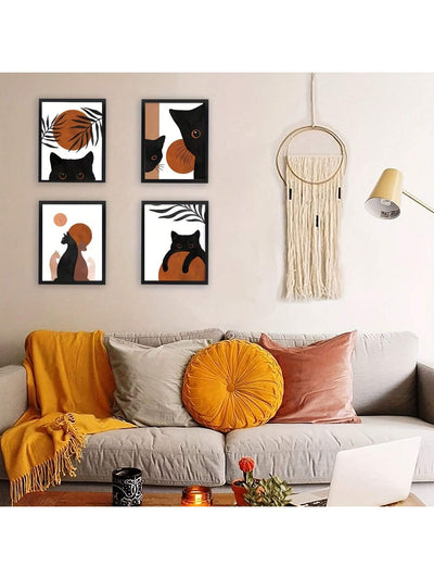 Mystical Meow: 6-Piece Boho Black Cat Canvas Wall Art Set for Every Room in Your Home