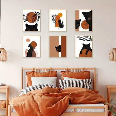 Mystical Meow: 6-Piece Boho Black Cat Canvas Wall Art Set for Every Room in Your Home