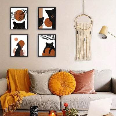 Mystical Meow: 6-Piece Boho Black Cat Canvas Wall Art Set for Every Room in Your Home